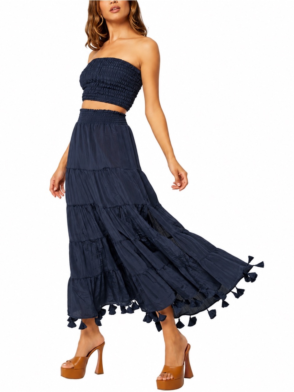 Misa Los Angeles Esta Smocked Tiered Tassel Crinkle Skirt Midnight Small